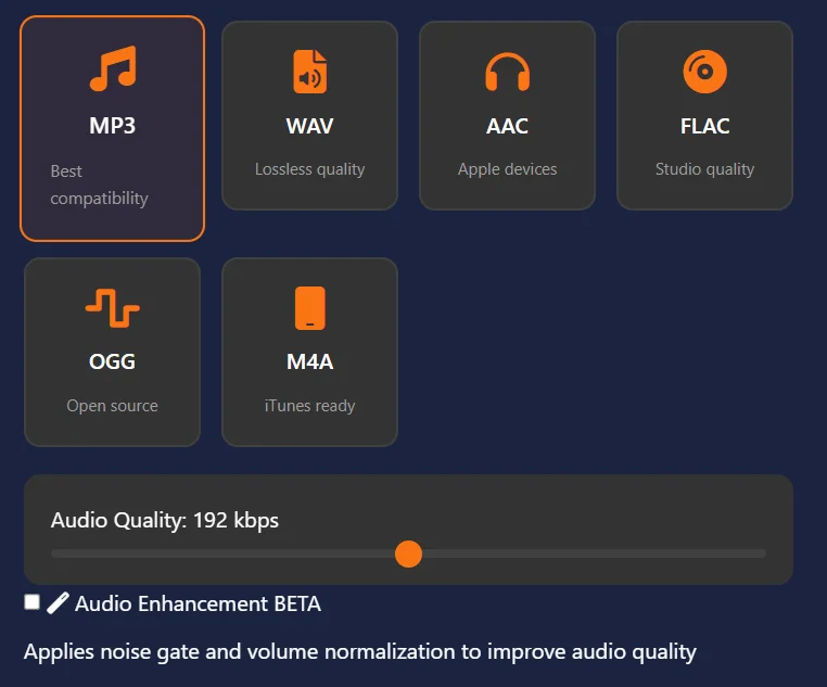 Select a format (MP3, WAV, AAC, ..) for extracted audio